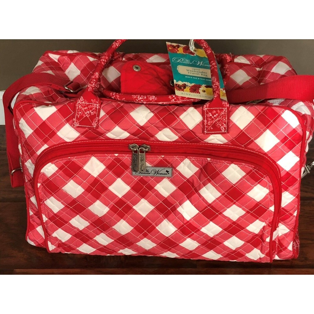Pioneer Woman Quilted Weekender Travel Bag Red Gingham Charming Check Plaid New